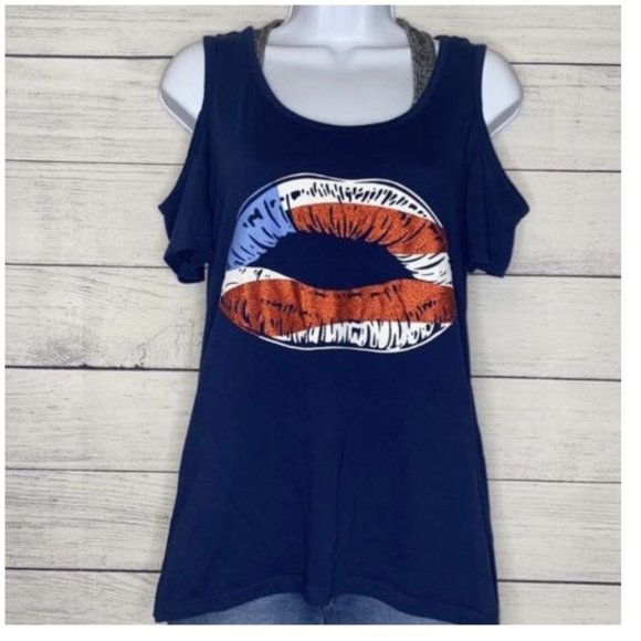 Tops - patriotic lips cold shoulder tank top, bust 36” inches